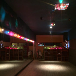 We love our mood lighting! Floor Polish studio with mirrors and disco ball.