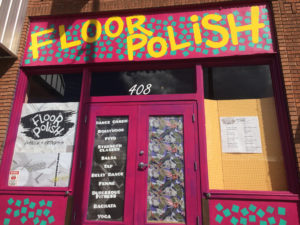 Floor Polish studio, hand-painted sign on our 4th avenue street front.