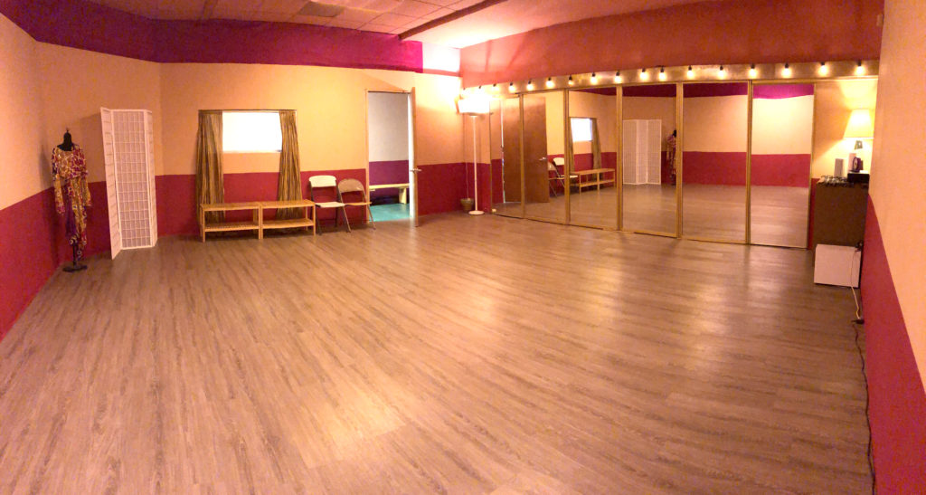 Studio B, our smaller studio room for rent has mirrors and nice lighting. Floor Polish Dance + Fitness Studio.